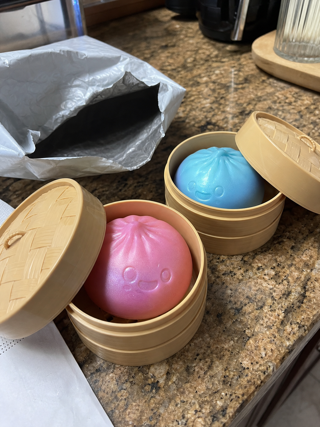 Blue and pink Dumpling Squishy toys after delivery