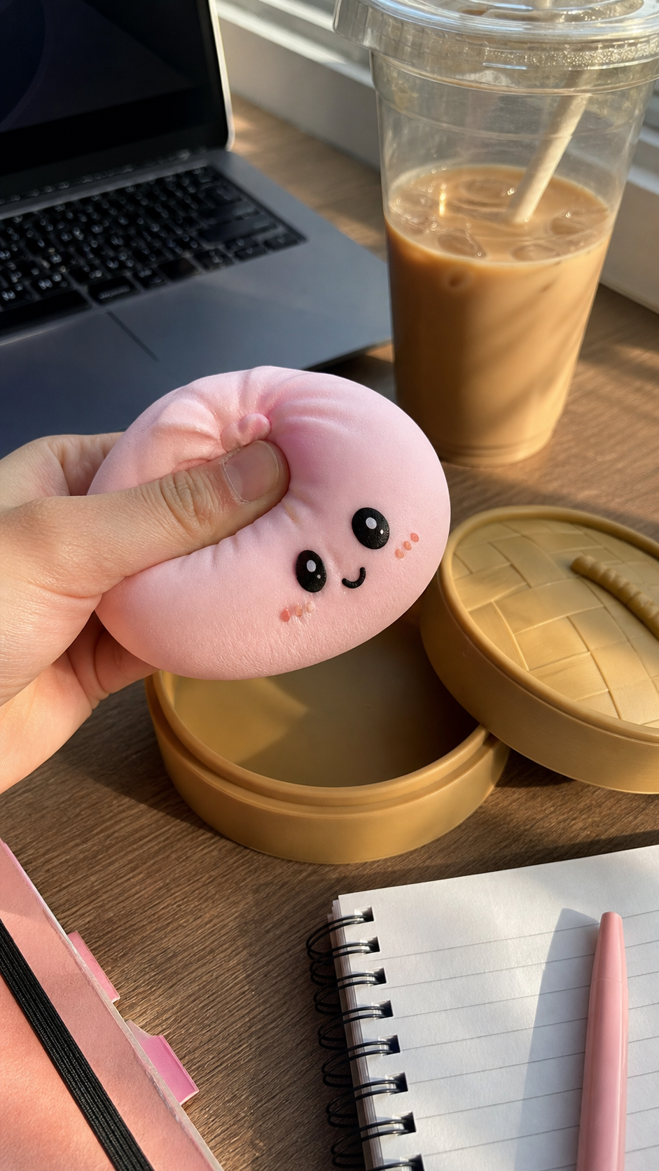 Pink Dumpling Squishy being squeezed on a desk